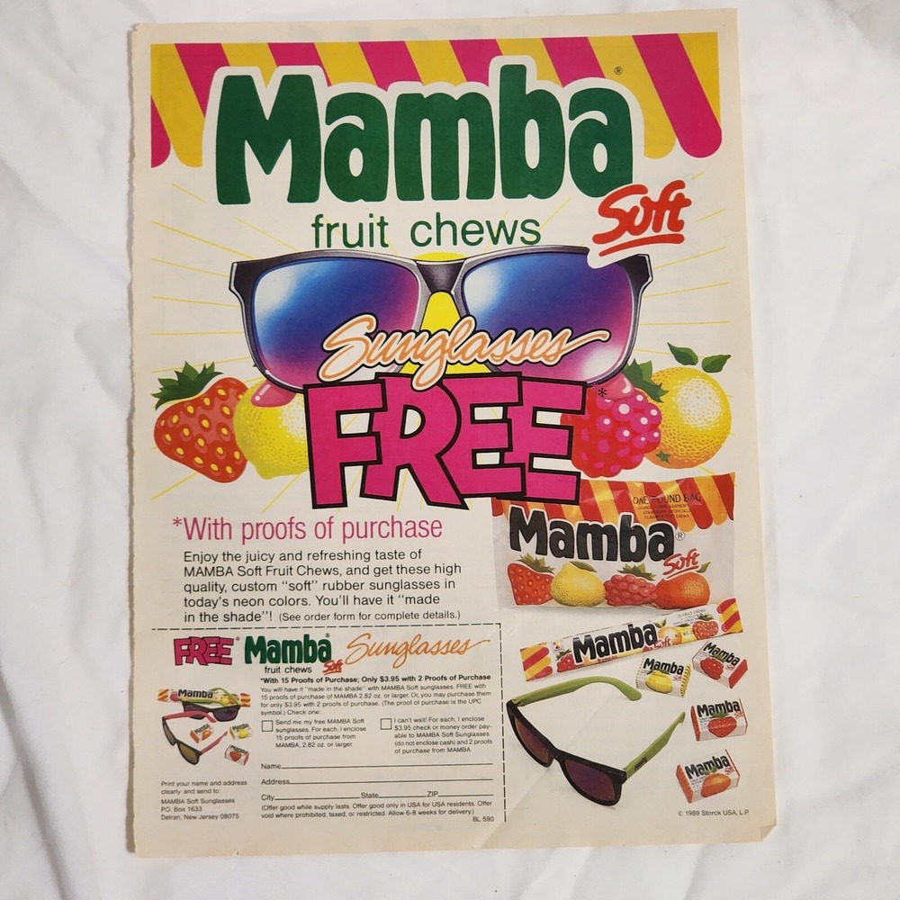 Vintage 1990 Mamba Fruit Chews Print Ad Soft Free Sunglasses Clipping 8x11
